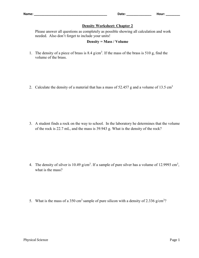 Chemistry Unit 1 Worksheet 3 Mass Volume And Density Answers 