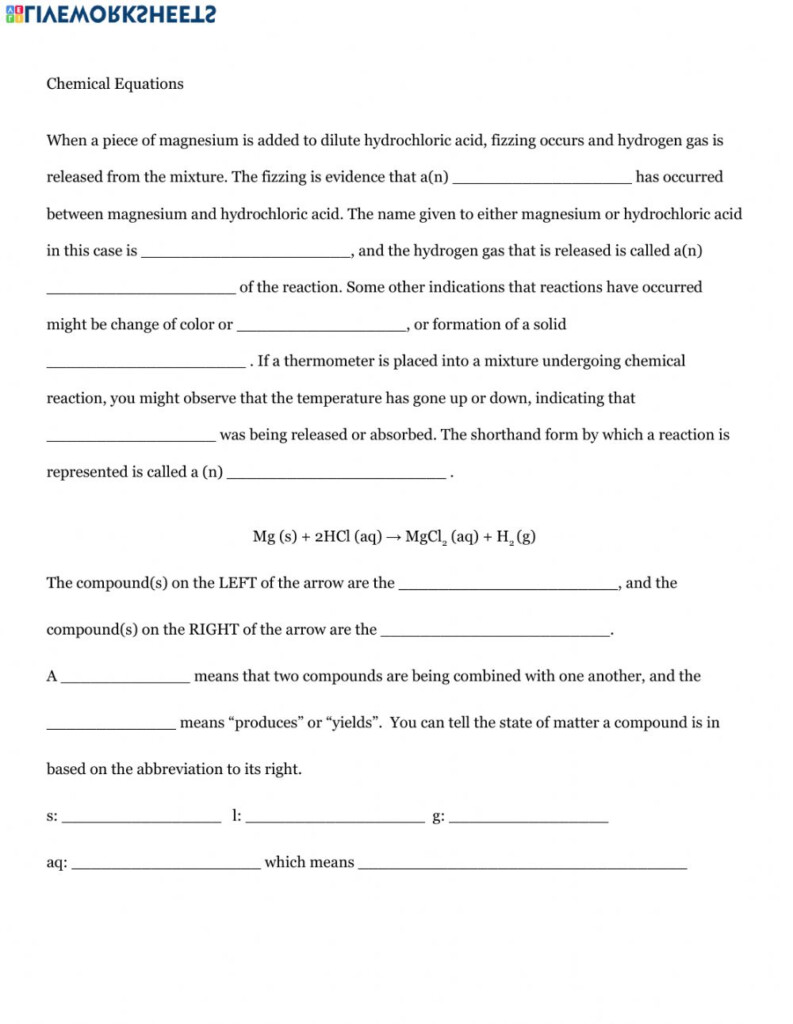 Chemistry Worksheet Introducing Equations