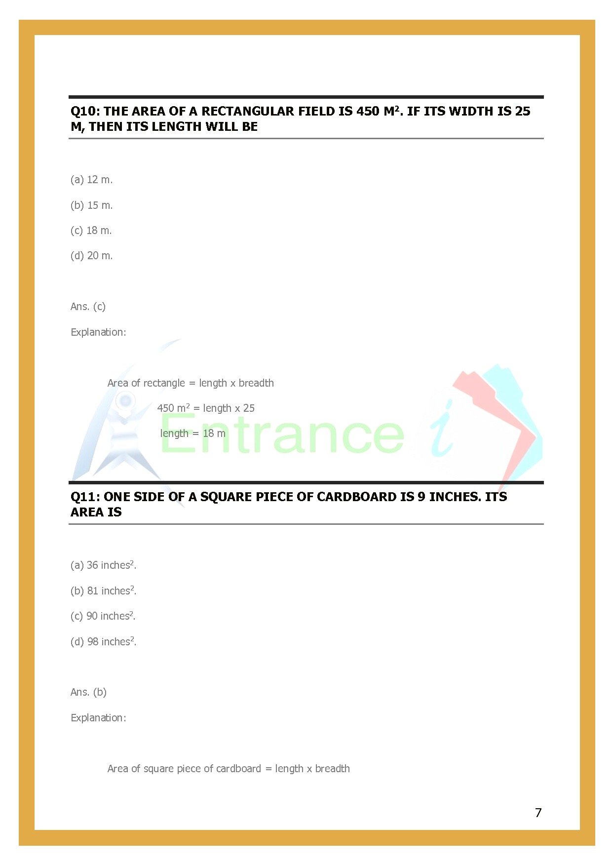 Class 6 Maths Chapter 10 Mensuration Worksheet 2 Entrancei