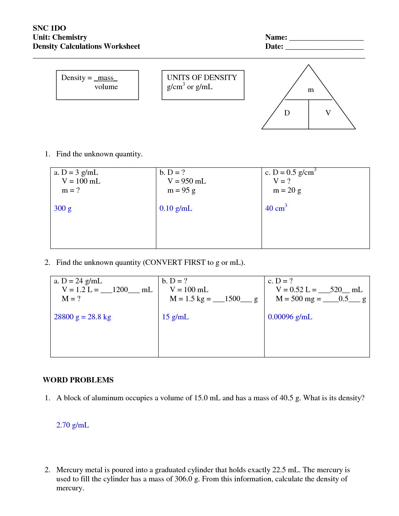 Density Worksheets With Answers Density Worksheet With Answers