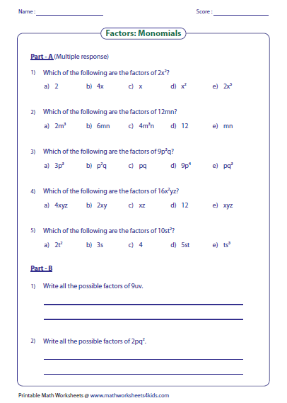 Factoring Monomials Worksheet Grade 8