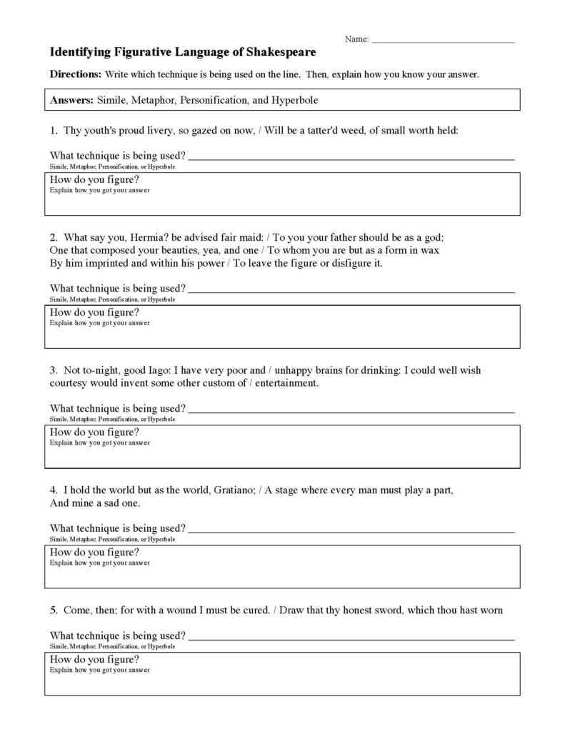 Figurative Language Worksheet 2 Answers Education Template