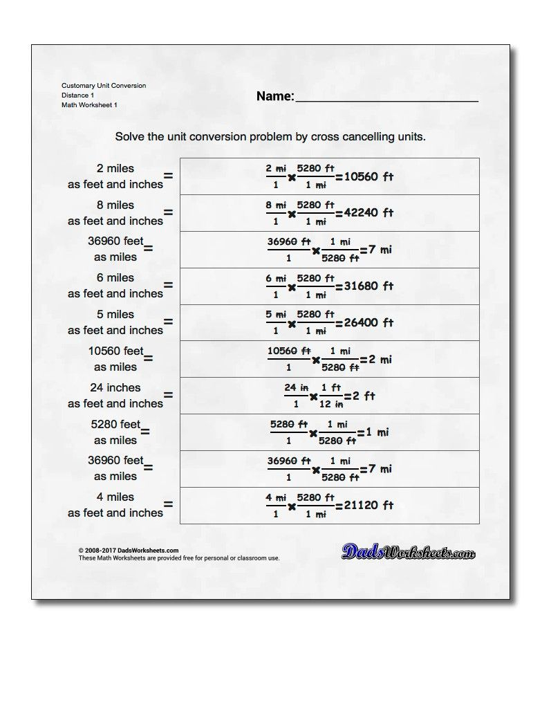 Free Math Worksheets For Customary Unit Conversions Problems With 