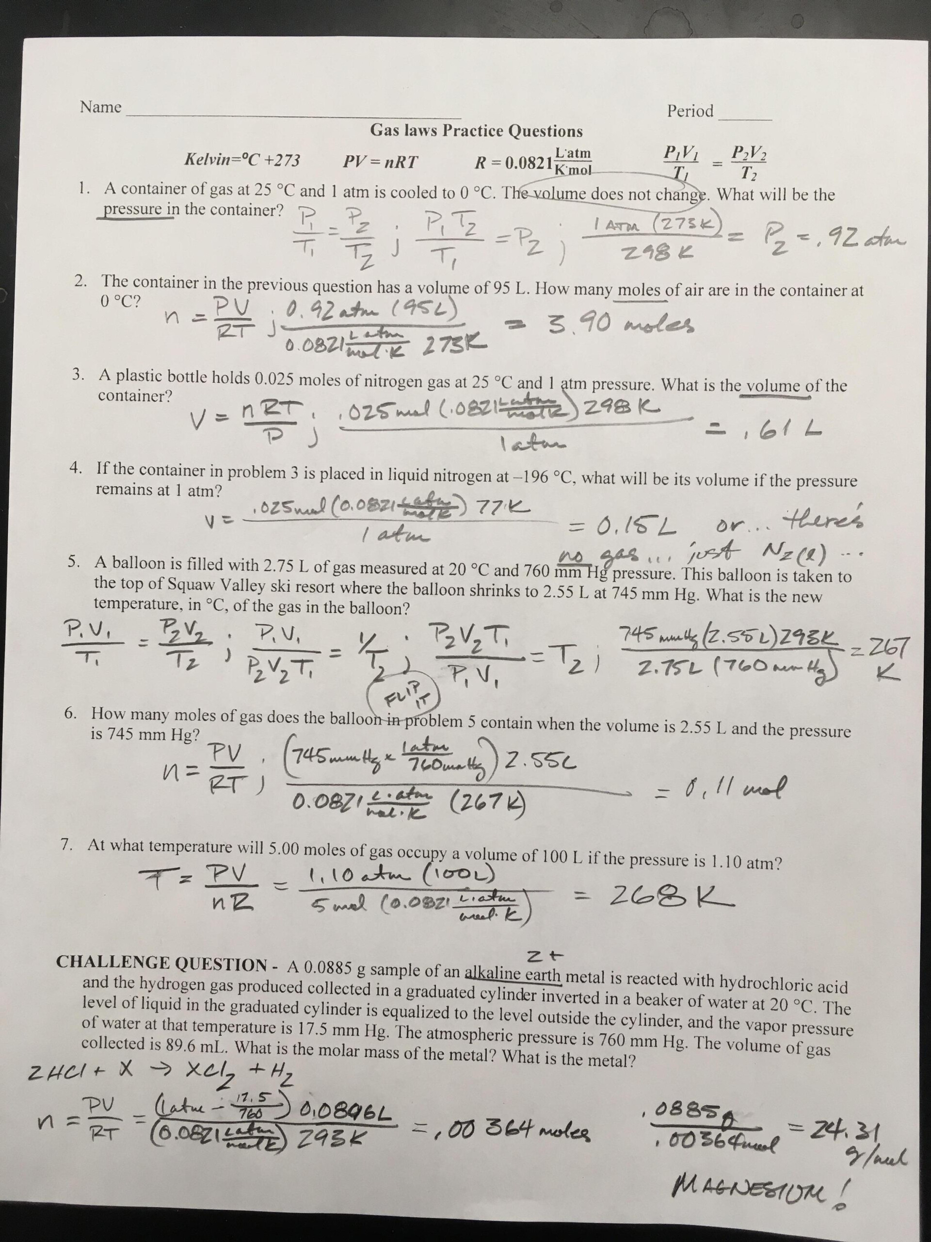 Gas Laws Worksheet 2 Answers