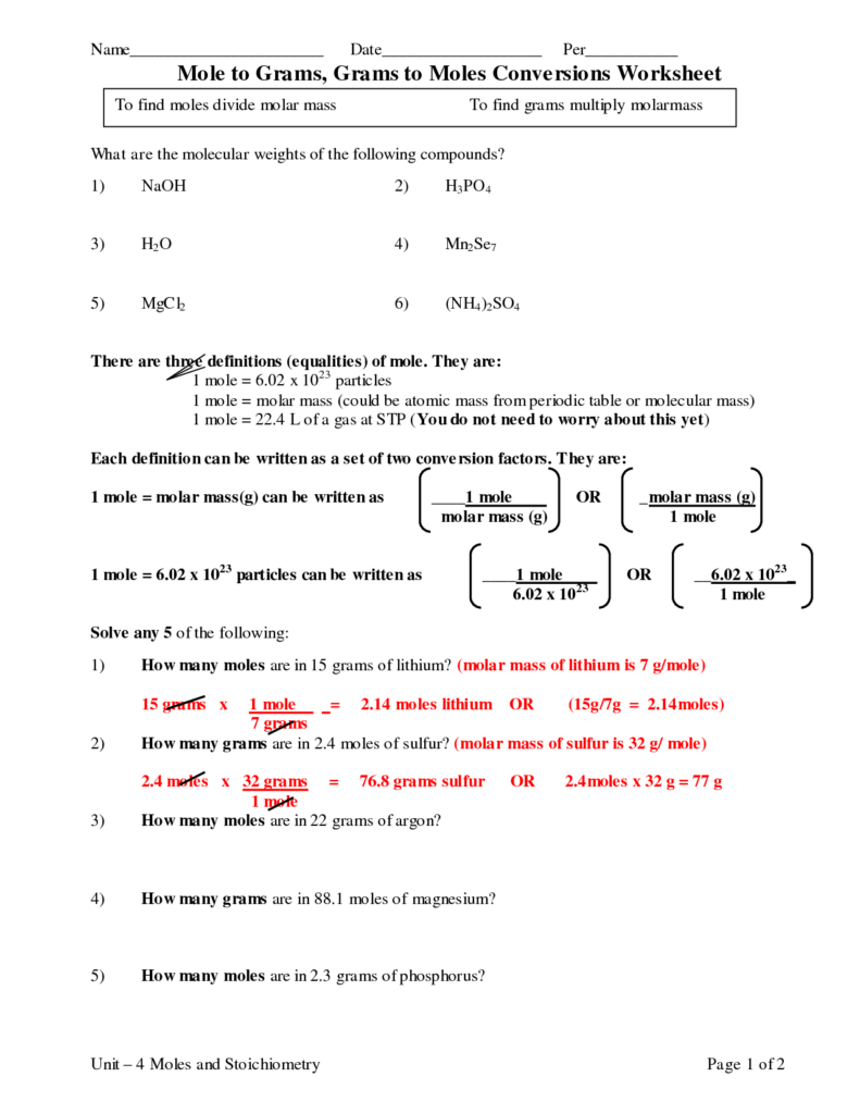 Gram Formula Mass Worksheet Answers Printable Worksheets And 