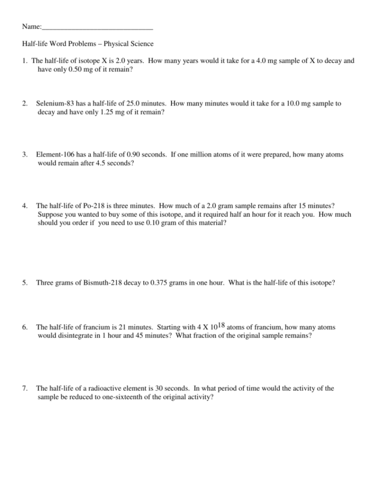 Half Life Problems Chemistry Worksheet With Answers Db excel