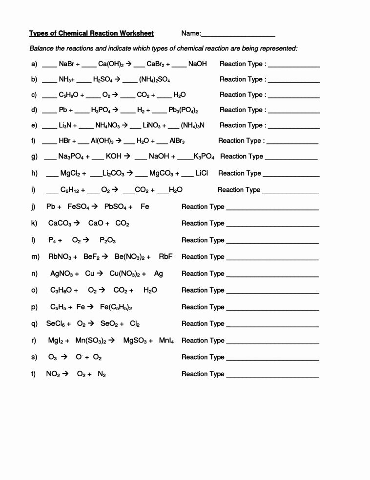 Identifying Types Of Chemical Reactions Worksheet Worksheet