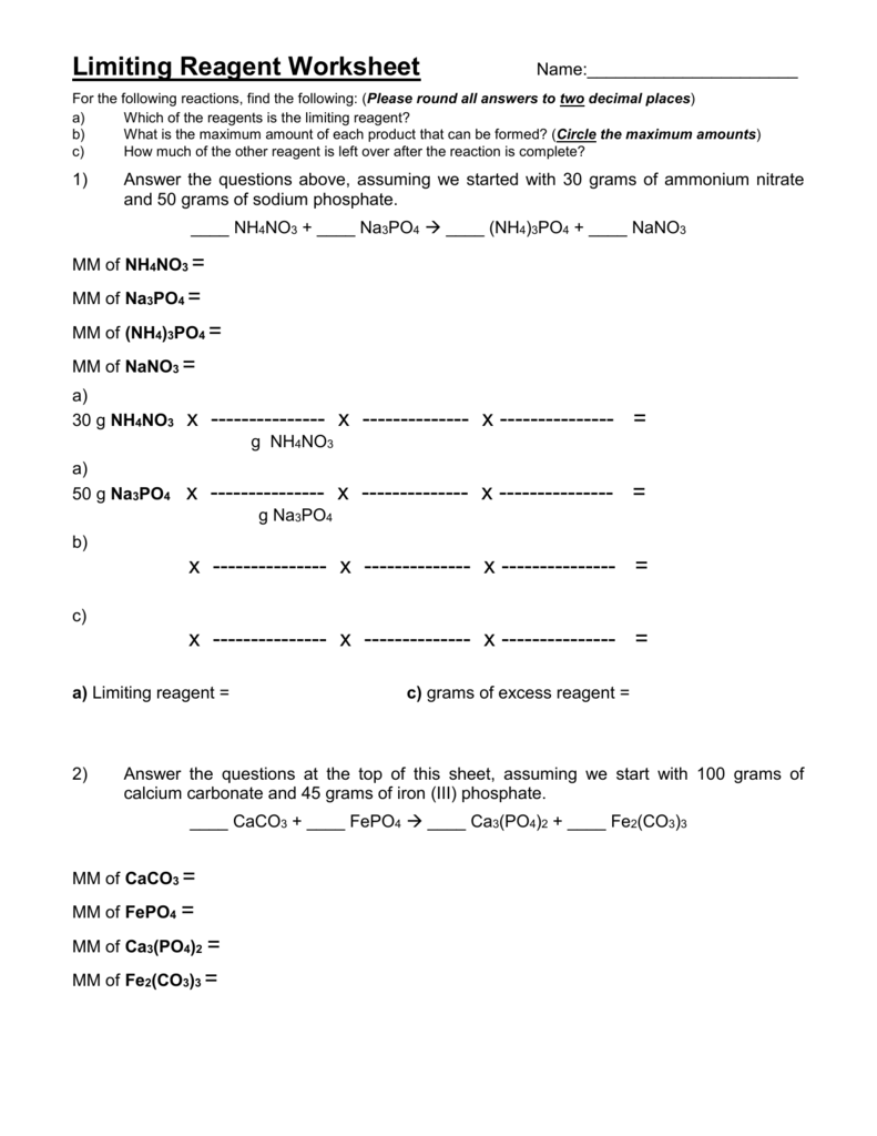 Limiting Reactant And Percent Yield Practice Worksheet Answer Key 