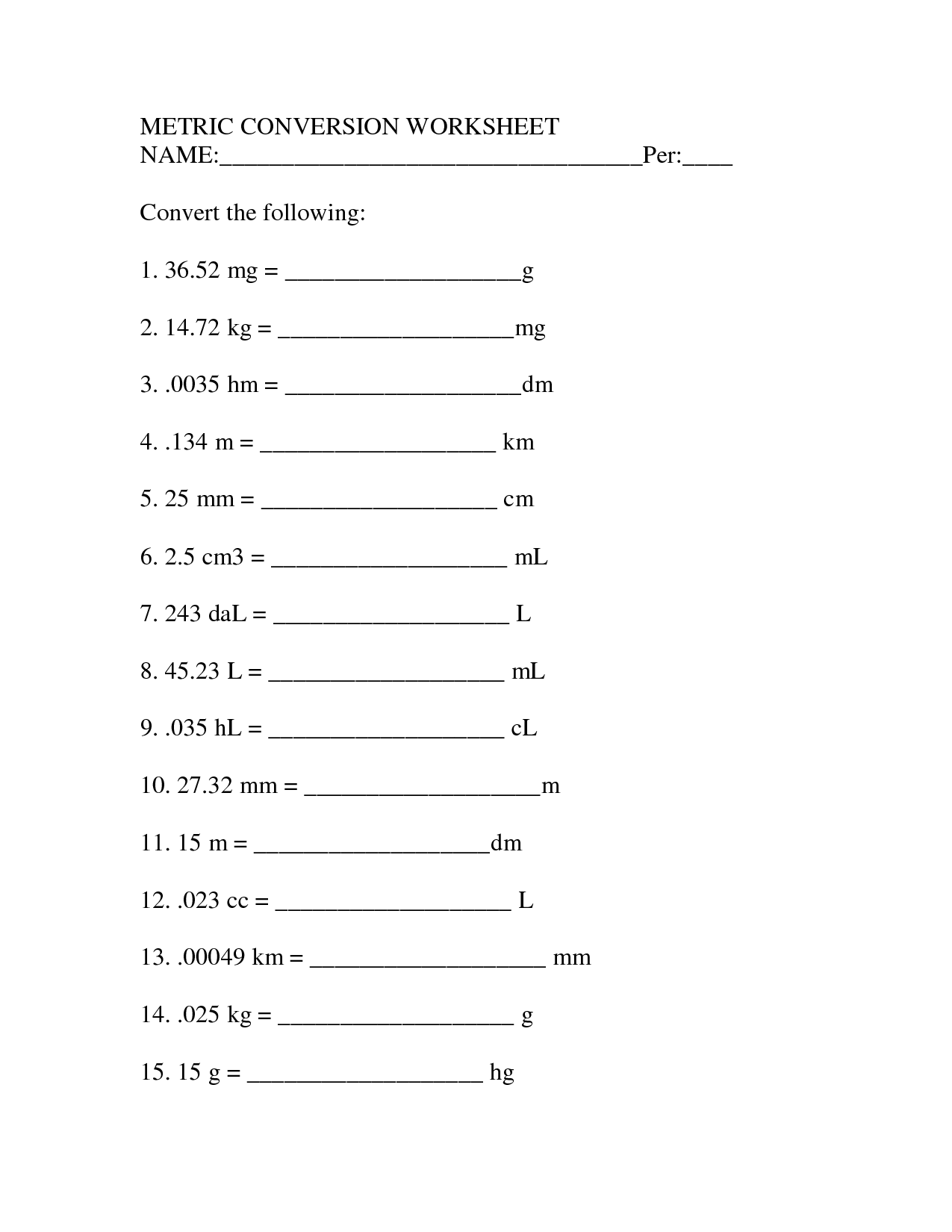 Metric Unit Conversion Worksheet Metric Conversions Measurement 