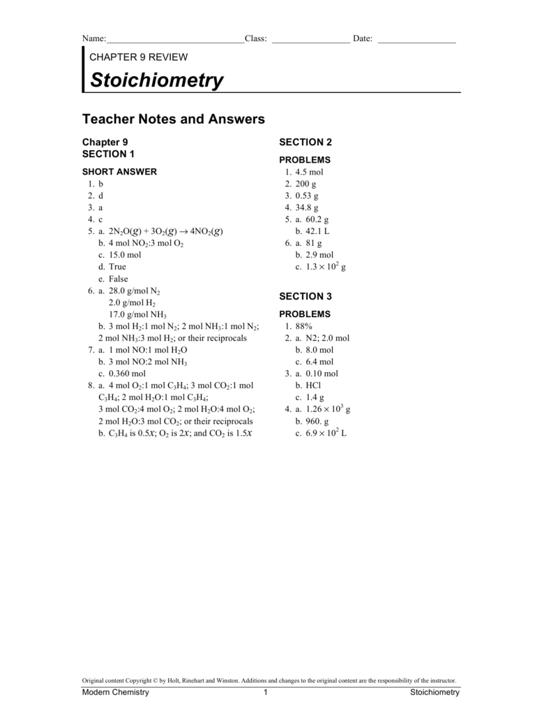 Modern Chemistry Holt Rinehart And Winston Worksheet Answers