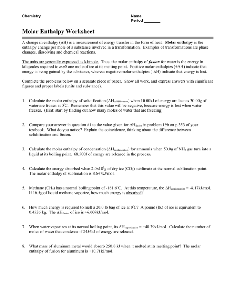 Molar Enthalpy Worksheet