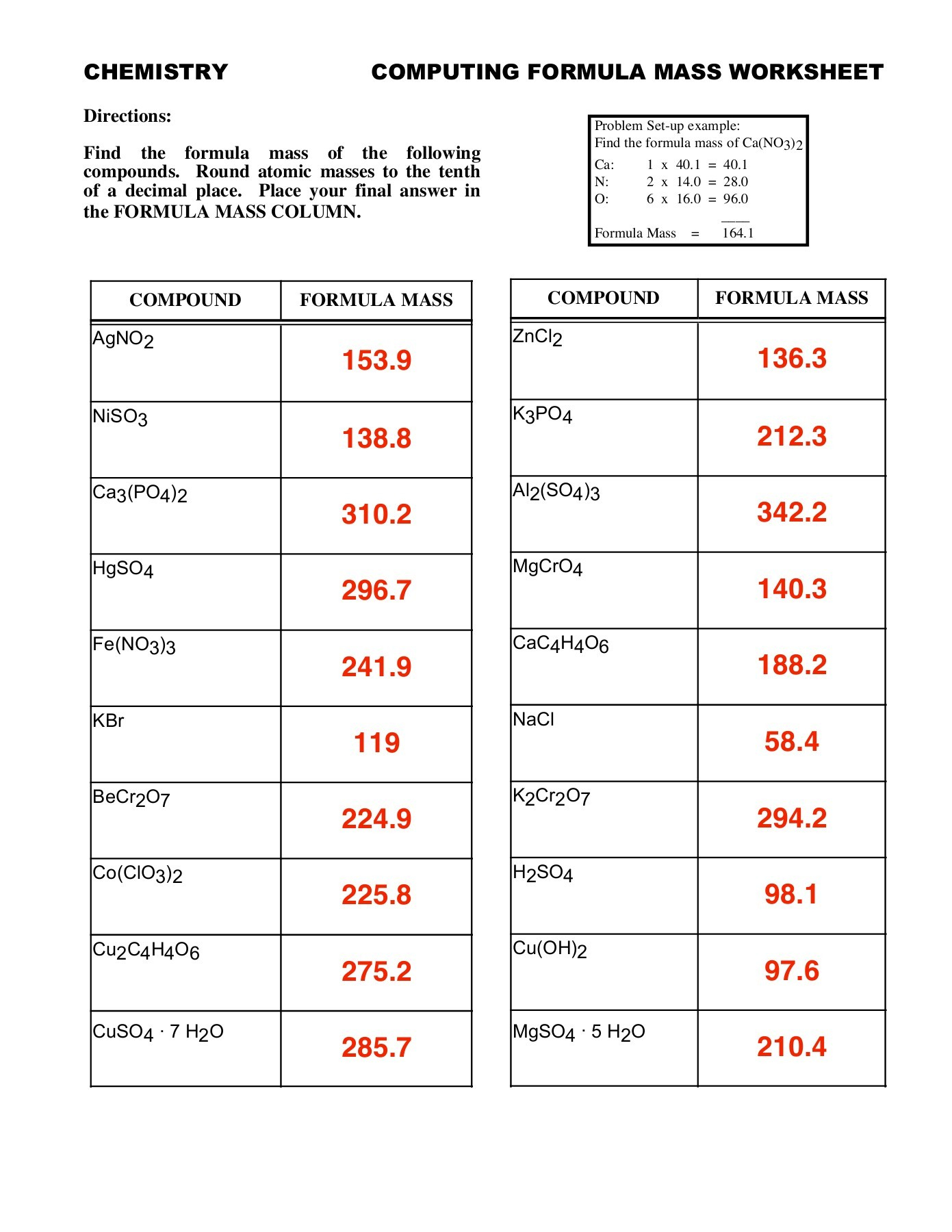 Molar Mass Worksheet 2