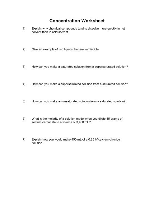 Molarity Worksheet 1 Worksheet