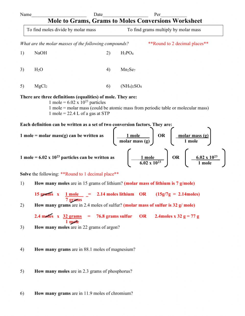 Moles And Grams Stoichiometry Worksheet