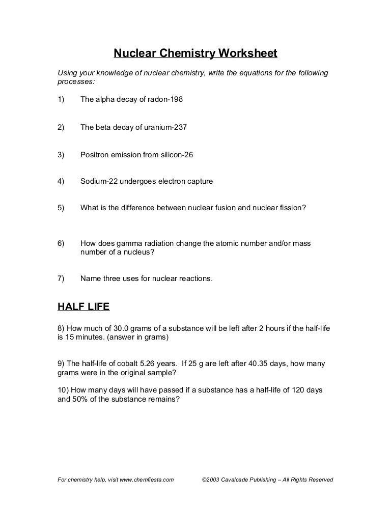 Nuclear Decay Worksheet Answer Key Nuclear Chemistry Half Life