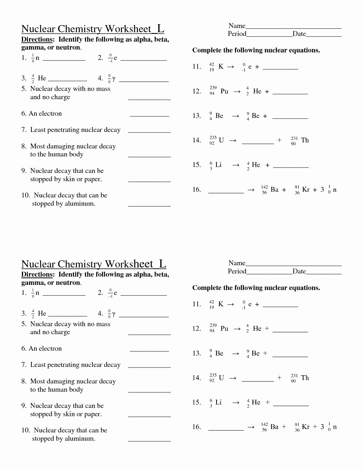 Nuclear Decay Worksheet Answers Chemistry