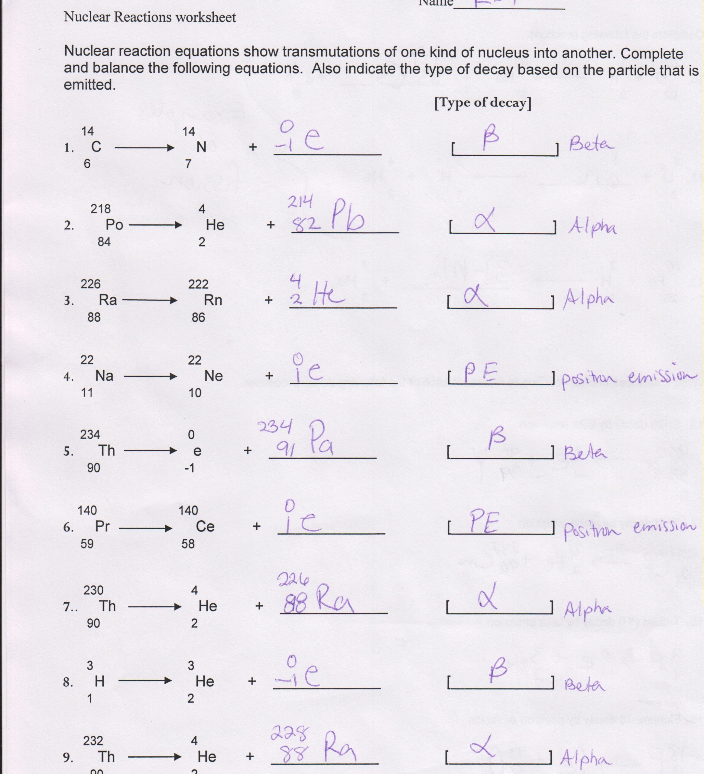 Nuclear Decay Worksheet Answers Chemistry