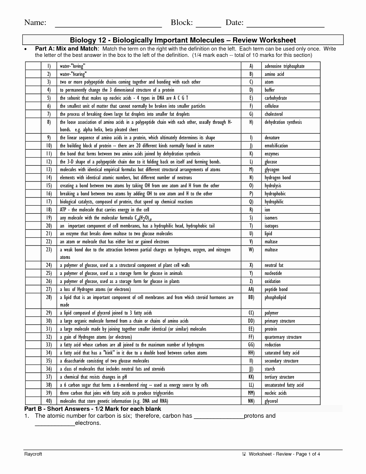 Organic Molecules Worksheet Answers