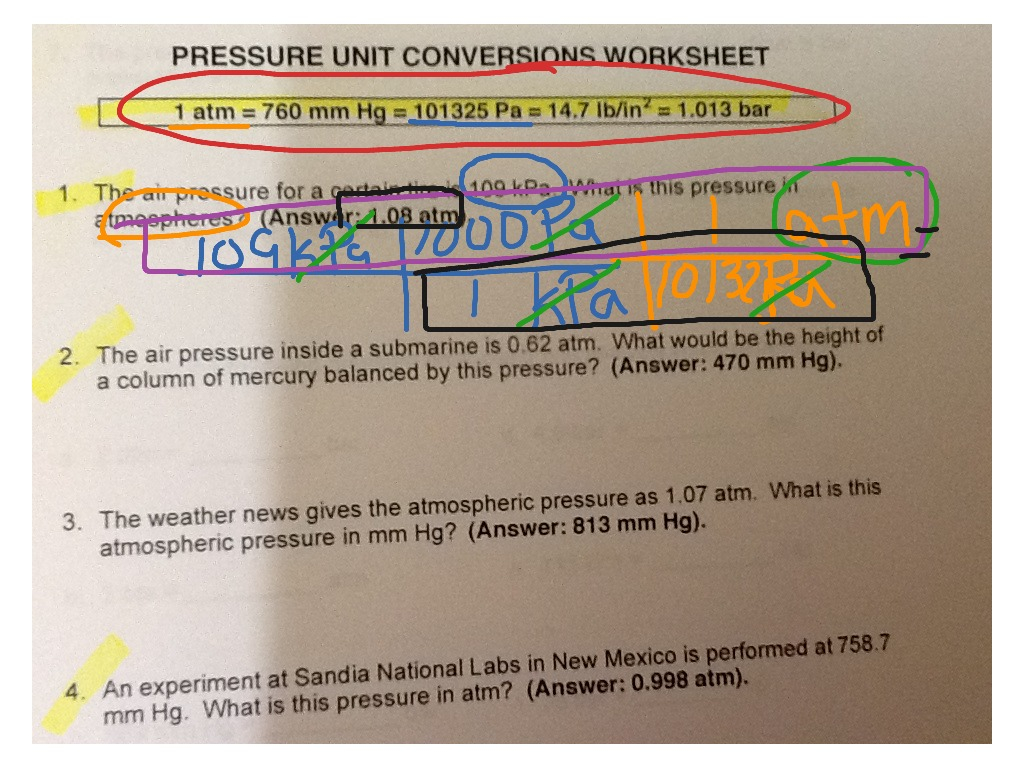 Pressure Unit Conversions Worksheet Problem 1 Science Chemistry