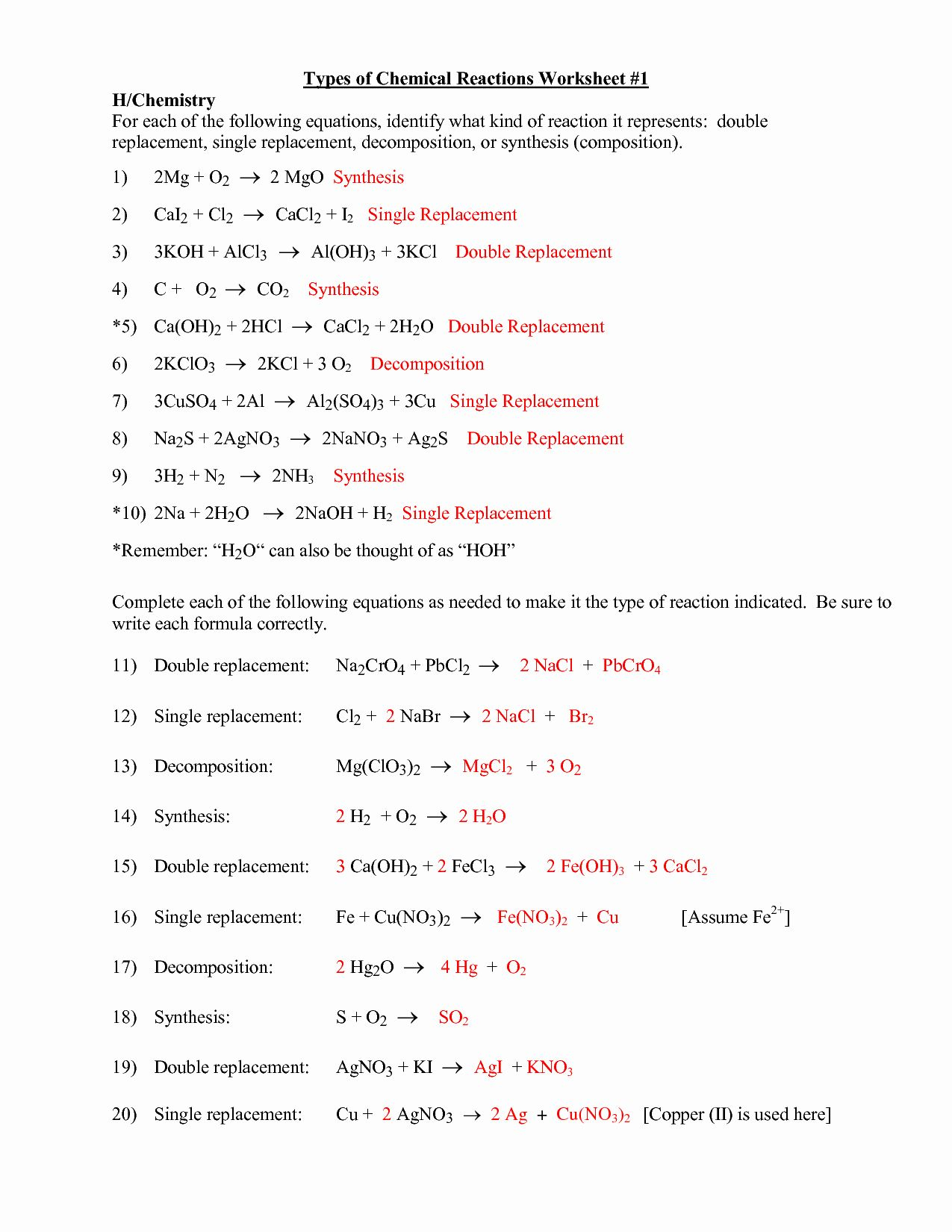 Predicting The Products Of Chemical Reactions Chemistry Worksheet