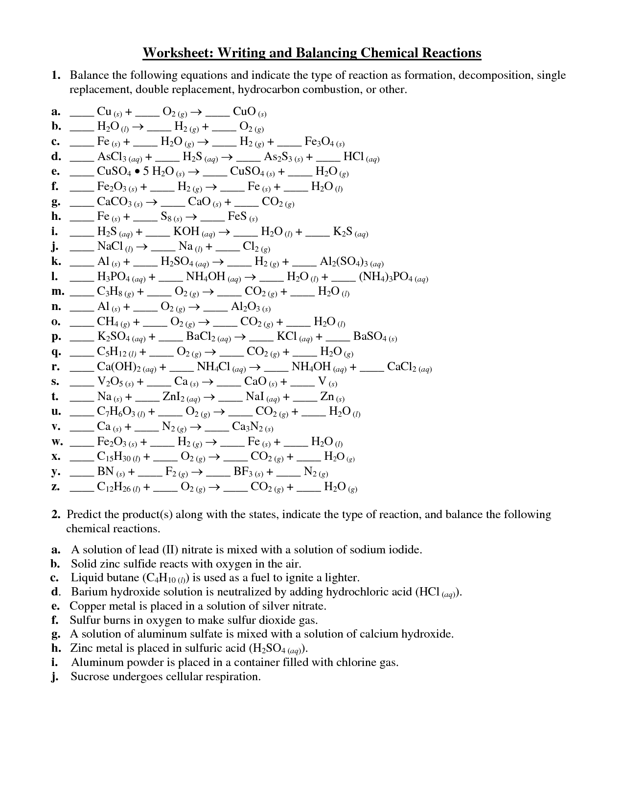 Single And Double Replacement Reactions Worksheet Worksheet