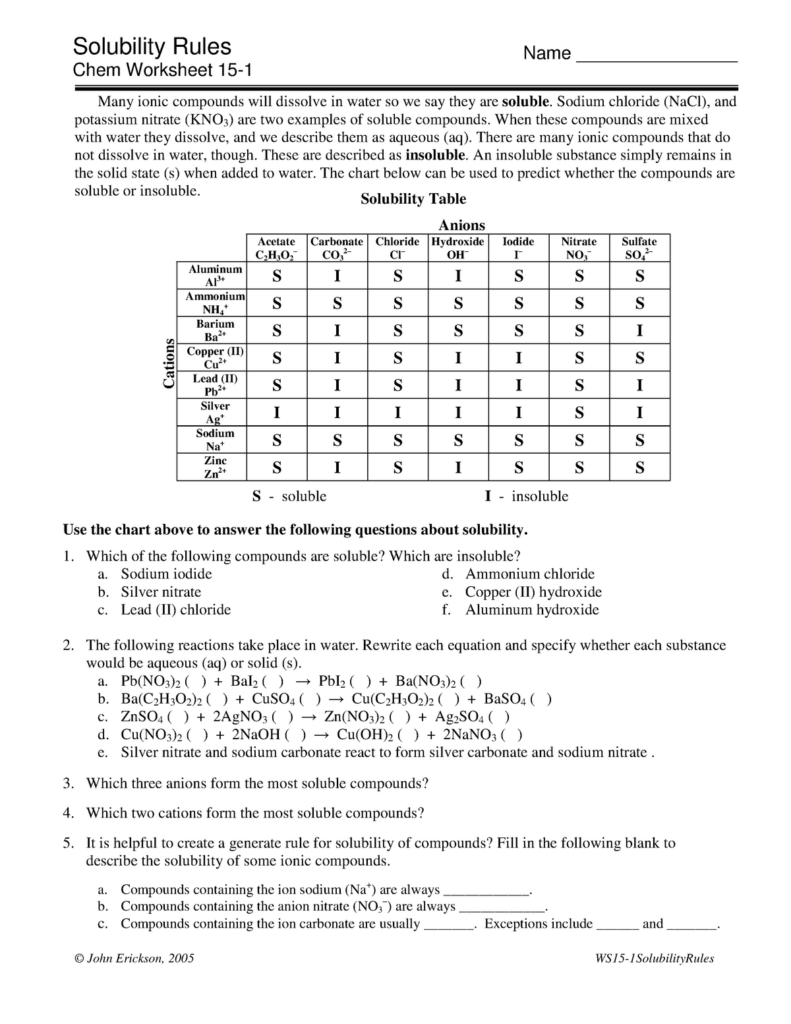 Solubility Rules Chem Worksheet 15 1 Answers 1 8 Experiment 7 