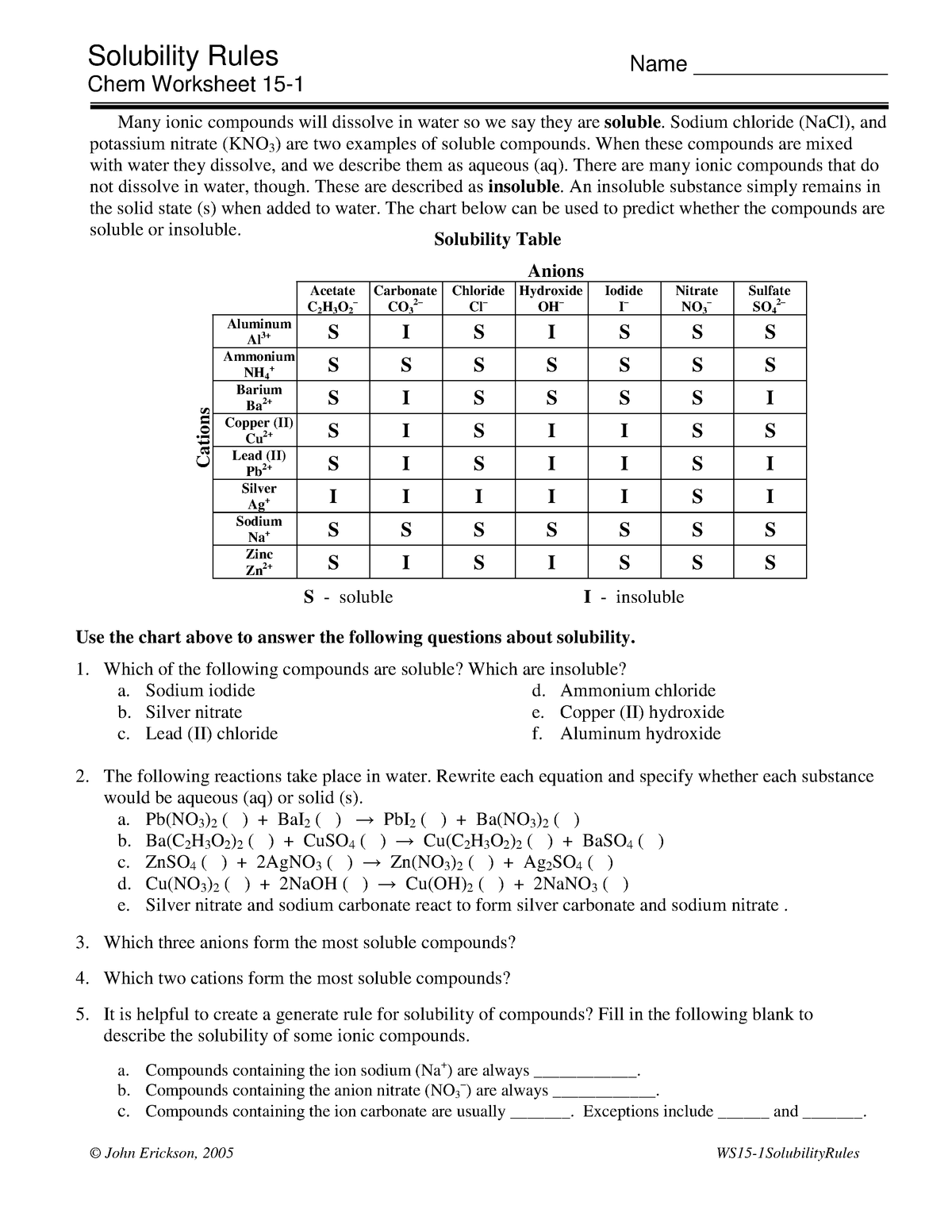 Solubility Rules Chem Worksheet 15 1 Answers 1 8 Experiment 7