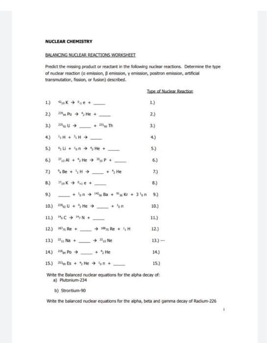 Solved NUCLEAR CHEMISTRY BALANCING NUCLEAR REACTIONS Chegg