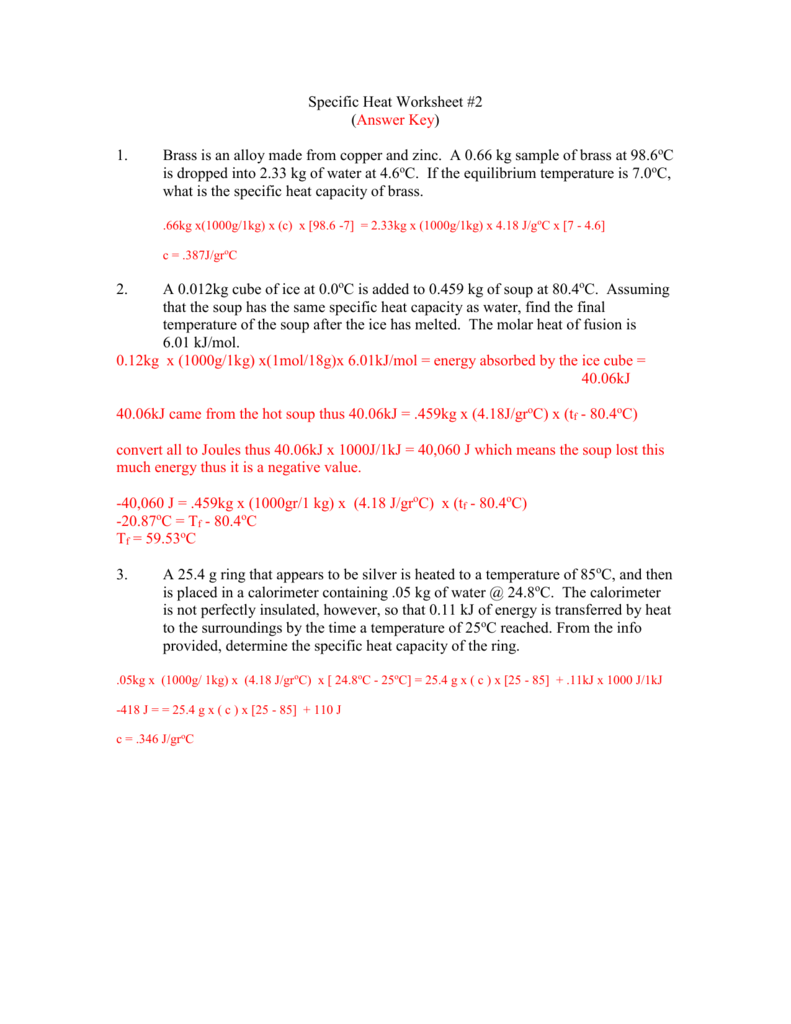 Specific Heat Worksheet Answers Promotiontablecovers