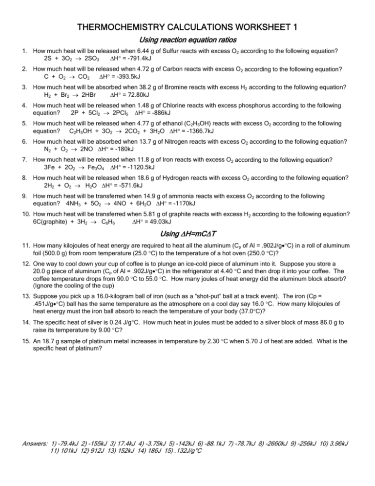  Thermochemistry Calculations Worksheet 1 Free Download Qstion co