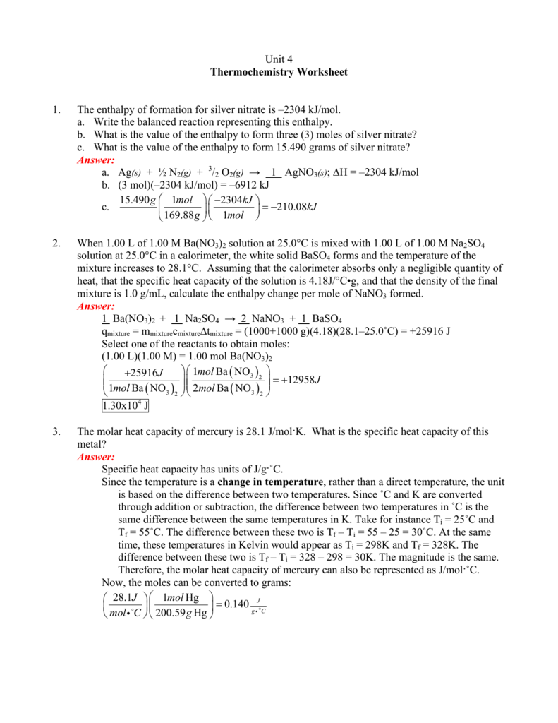 Thermochemistry Worksheet NININOBUROGUDESU