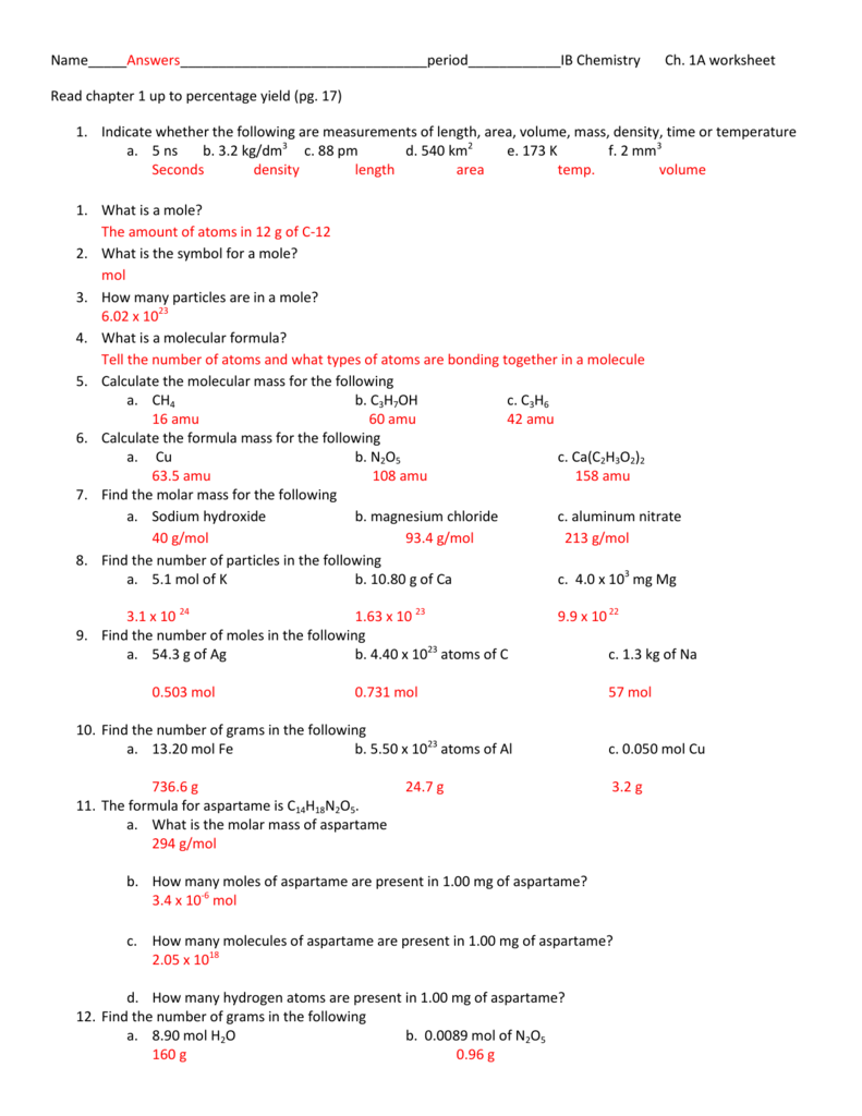 Unit 1 Worksheet Answers