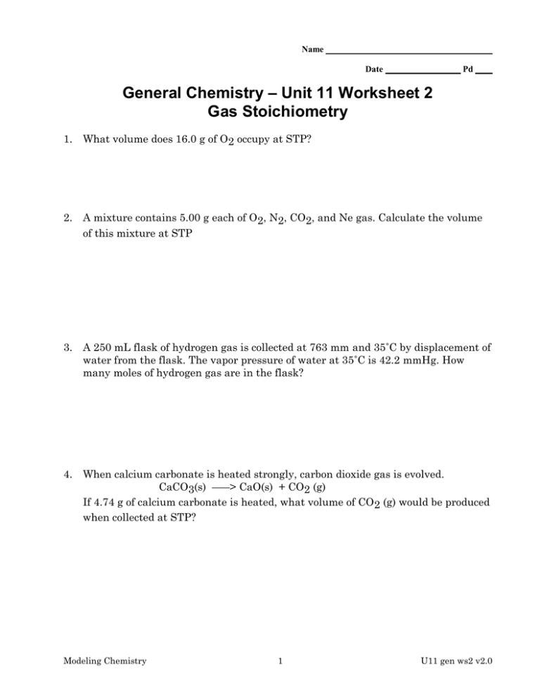 Unit 11 Worksheet 2 General Chemistry Gas Stoichiometry