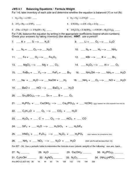 Worksheet 1 Writing Chemical Reaction Formula Equations Answer Key 