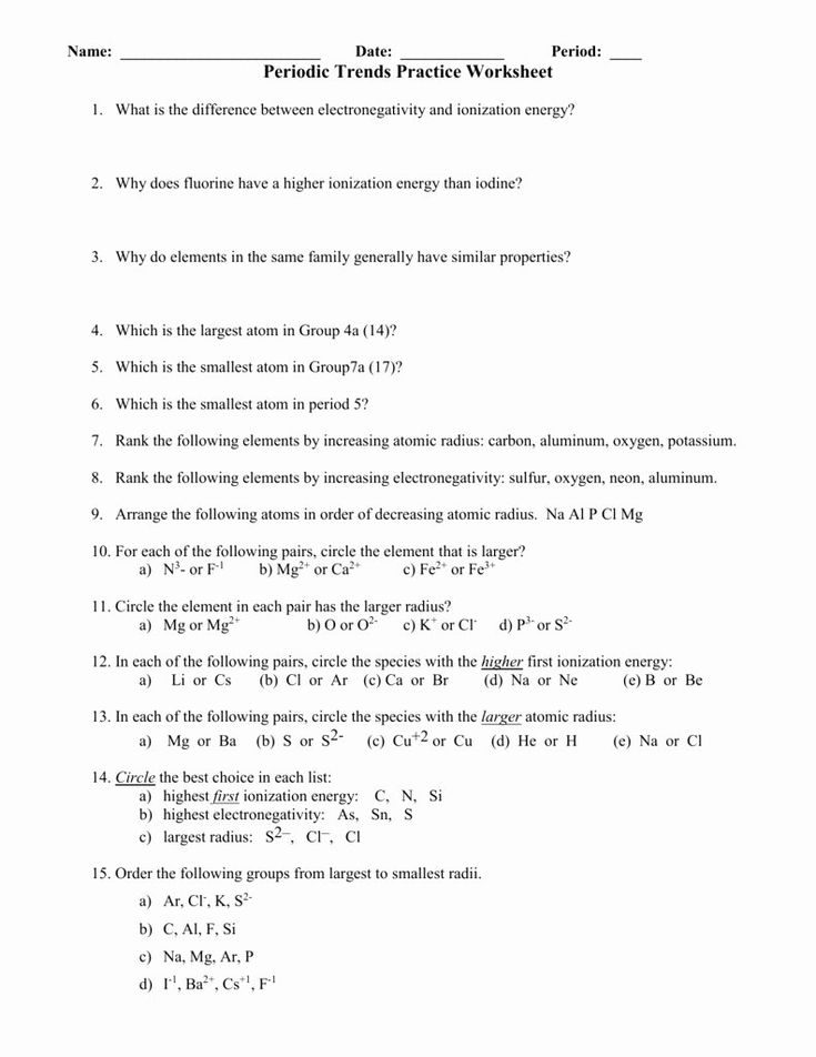 Worksheet Periodic Trends Answers Unique Periodic Trends Worksheets 