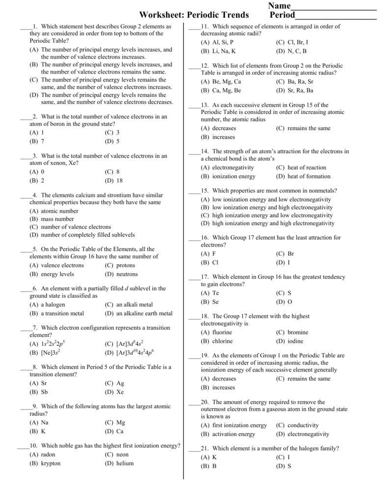 Worksheet Periodic Trends