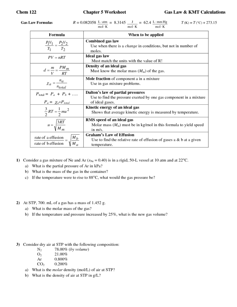 11 Chemistry Gas Laws Worksheet Worksheeto
