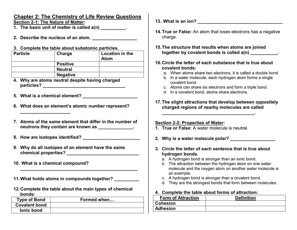 12 Chapter 2 The Chemistry Of Life Worksheet Answers MaysimSimas
