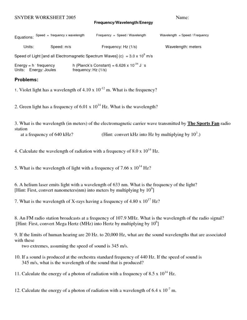 19 Snyder s Chemistry Worksheet Energy Frequency Wavelength Answer 