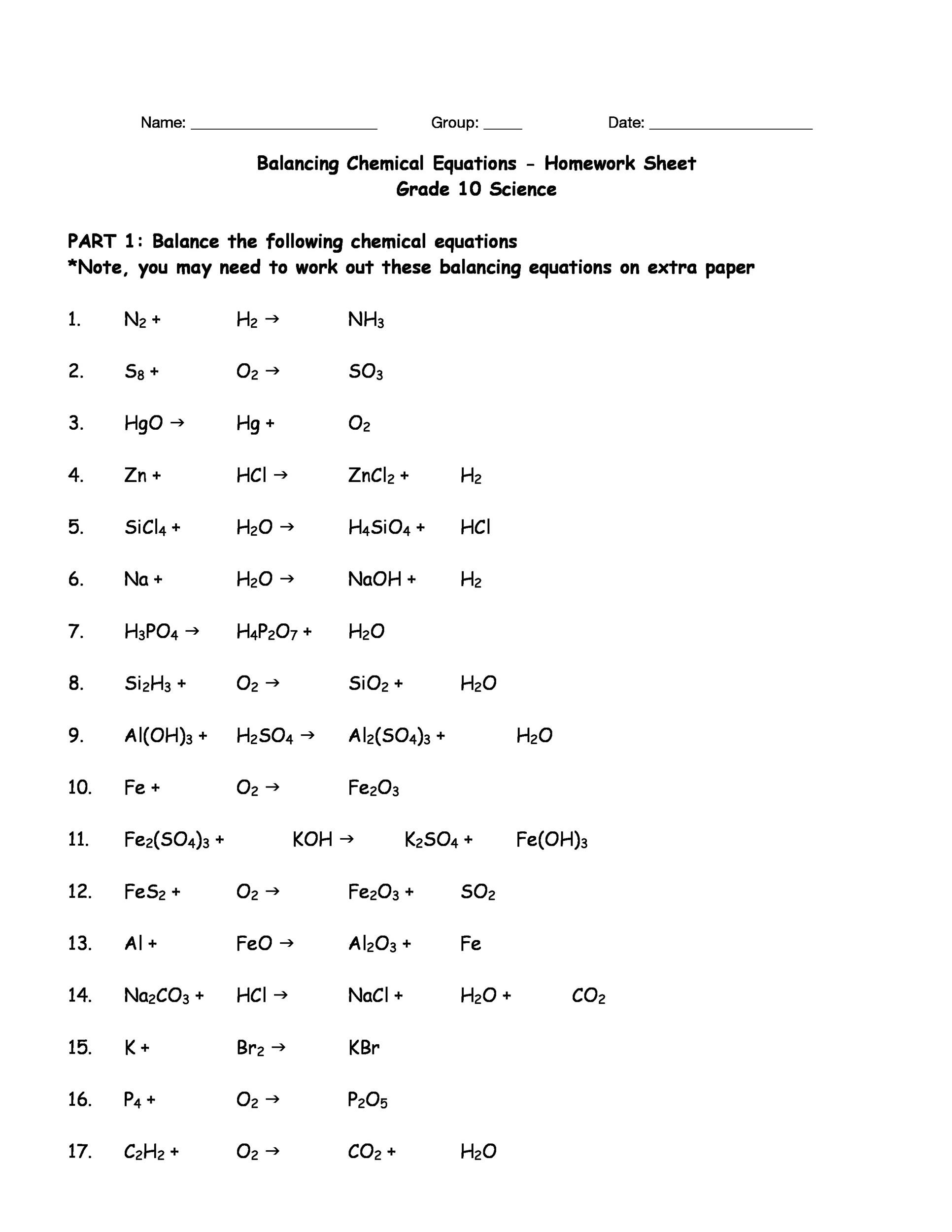 49 Balancing Chemical Equations Worksheets with Answers 