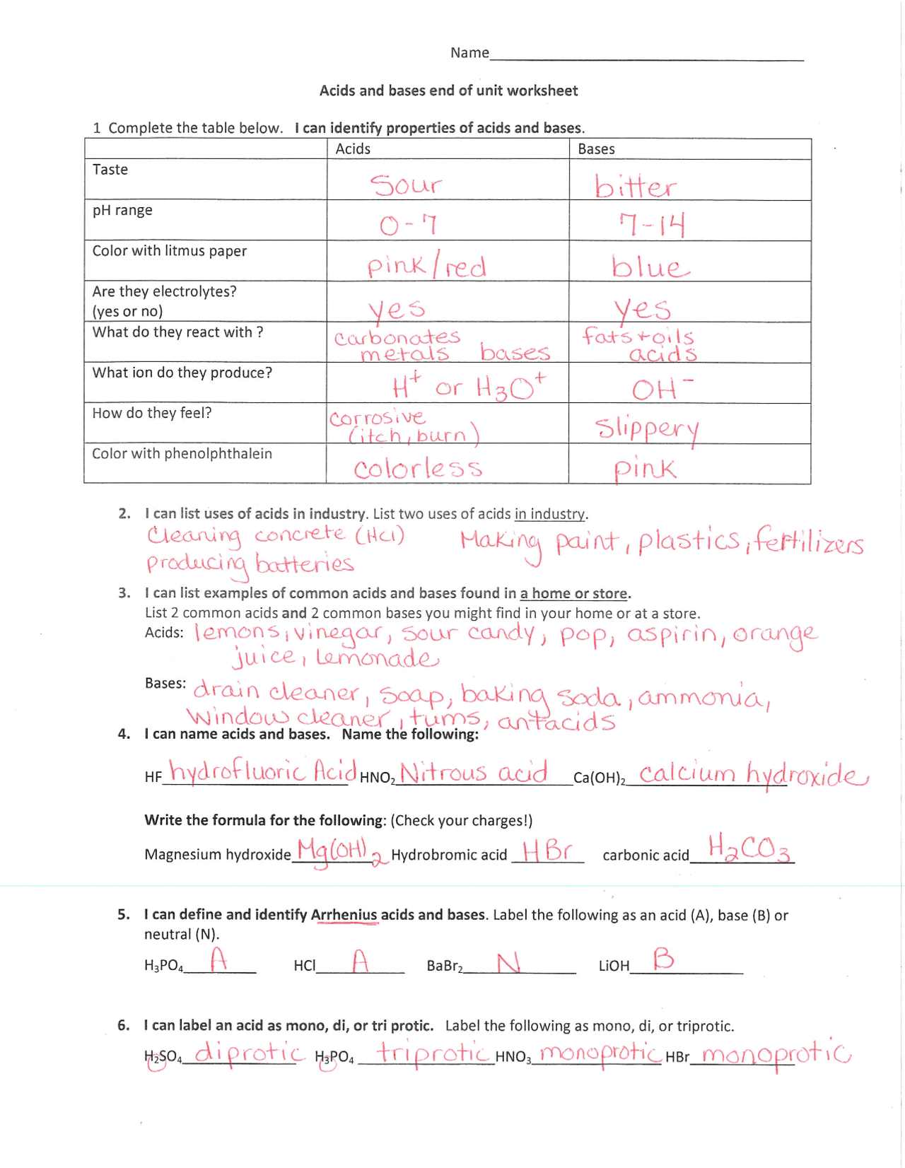 Acid And Base Worksheet