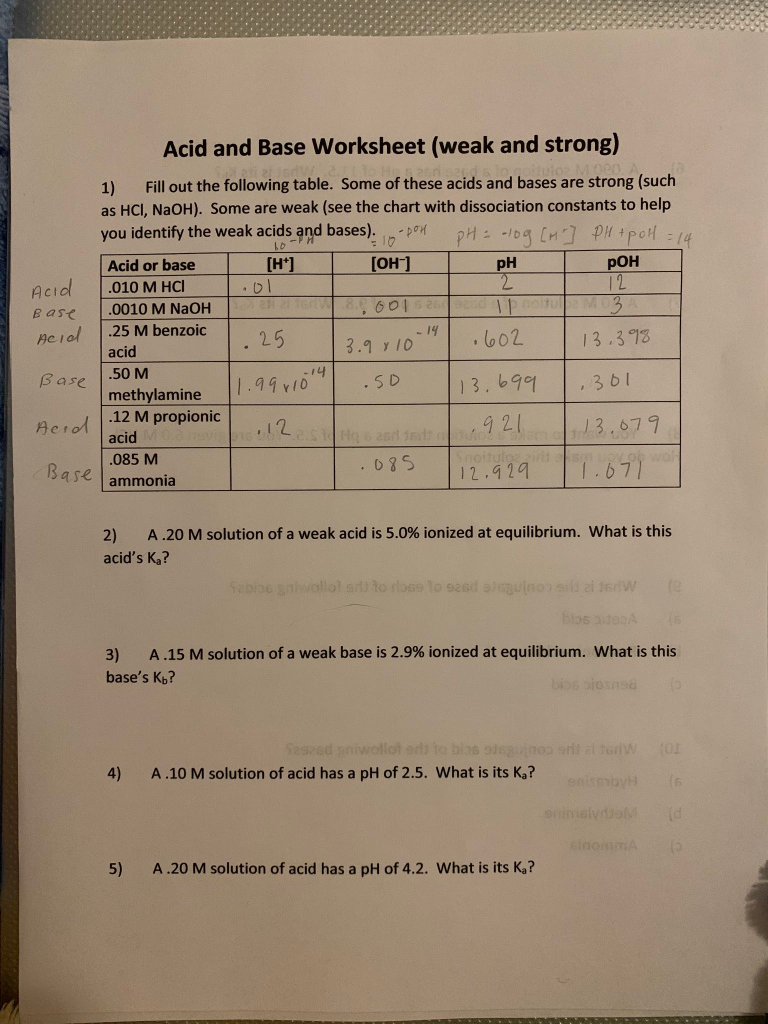 Acid And Bases Worksheet Answers