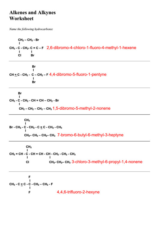 Alkenes And Alkynes Worksheet With Answers Printable Pdf Download