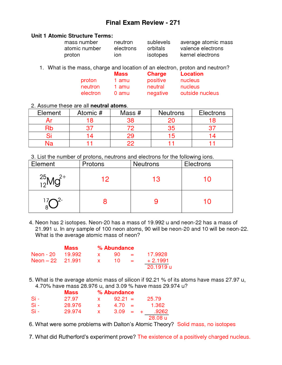 Atoms And Elements Worksheet Answers Periodic Table Protons Db excel