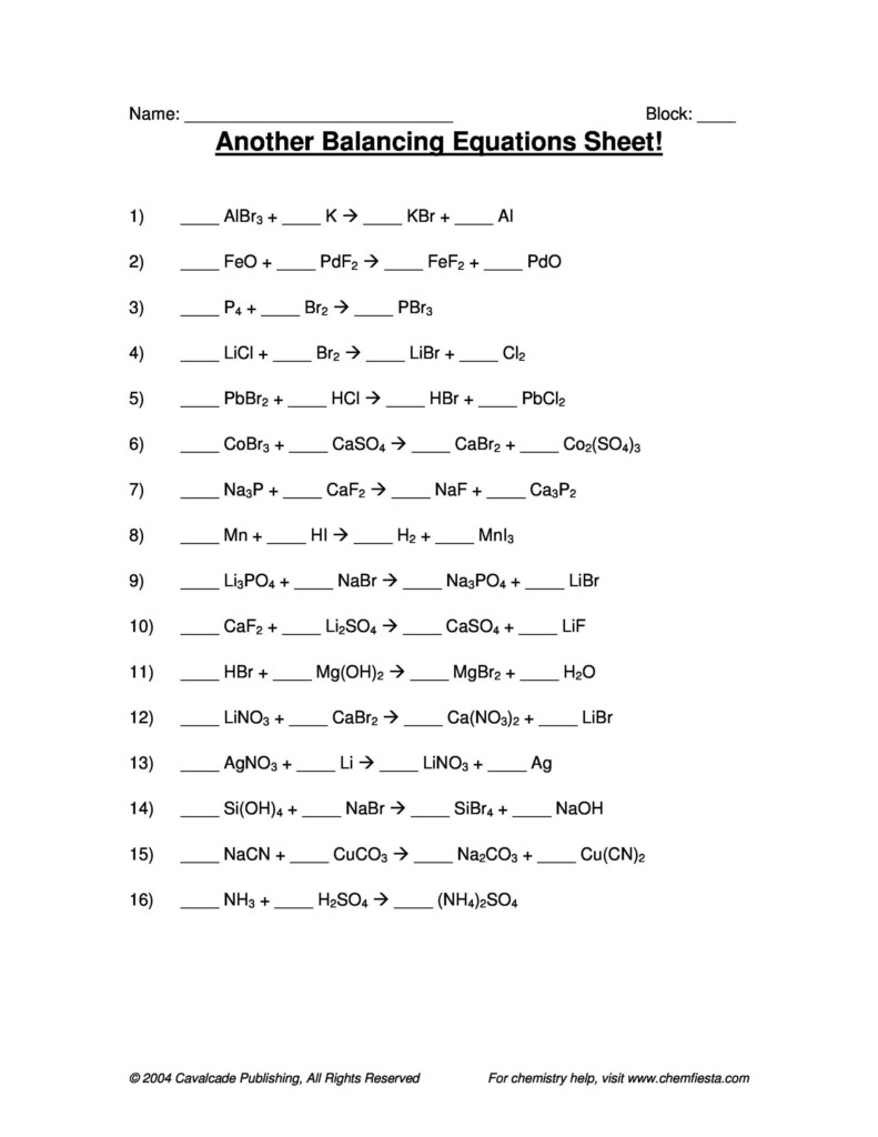 Balancing Chemical Equation Worksheet