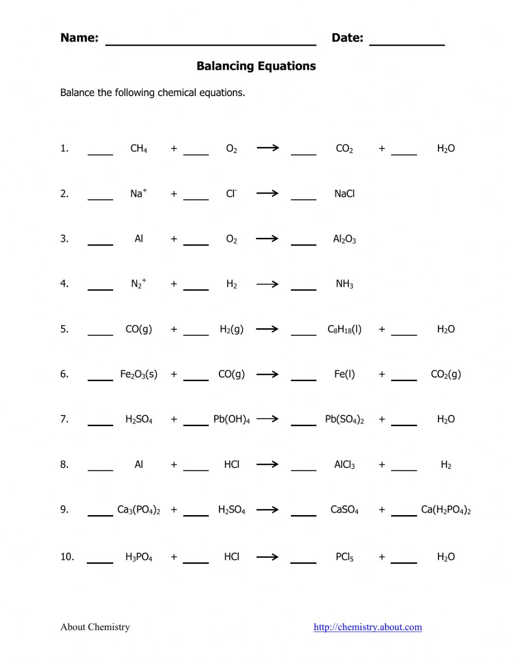 Balancing Chemical Equation Worksheet