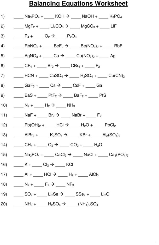 Balancing Chemical Equations And Types Of Reactions Worksheet Answers 