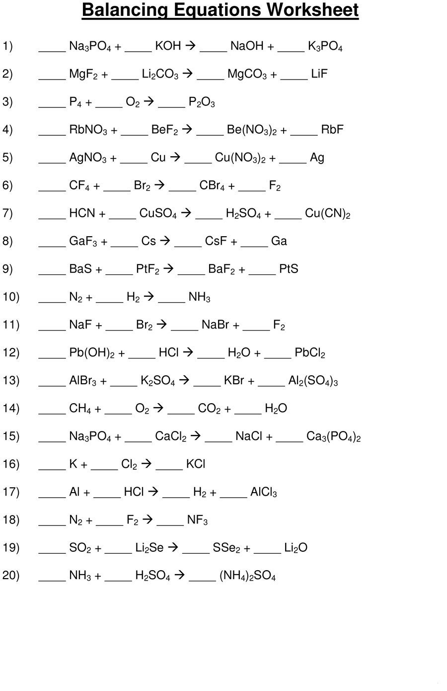 Balancing Chemical Equations And Types Of Reactions Worksheet Answers 