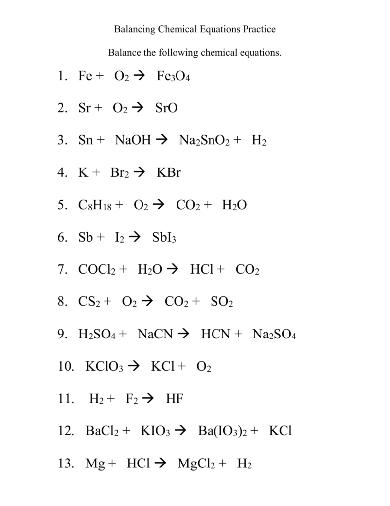 Balancing Chemical Equations Practice Worksheet 1 
