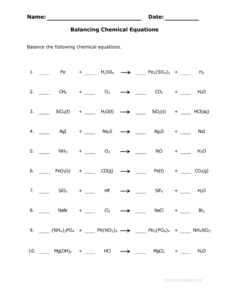 Balancing Equations Chemistry Worksheets Chemical Equation